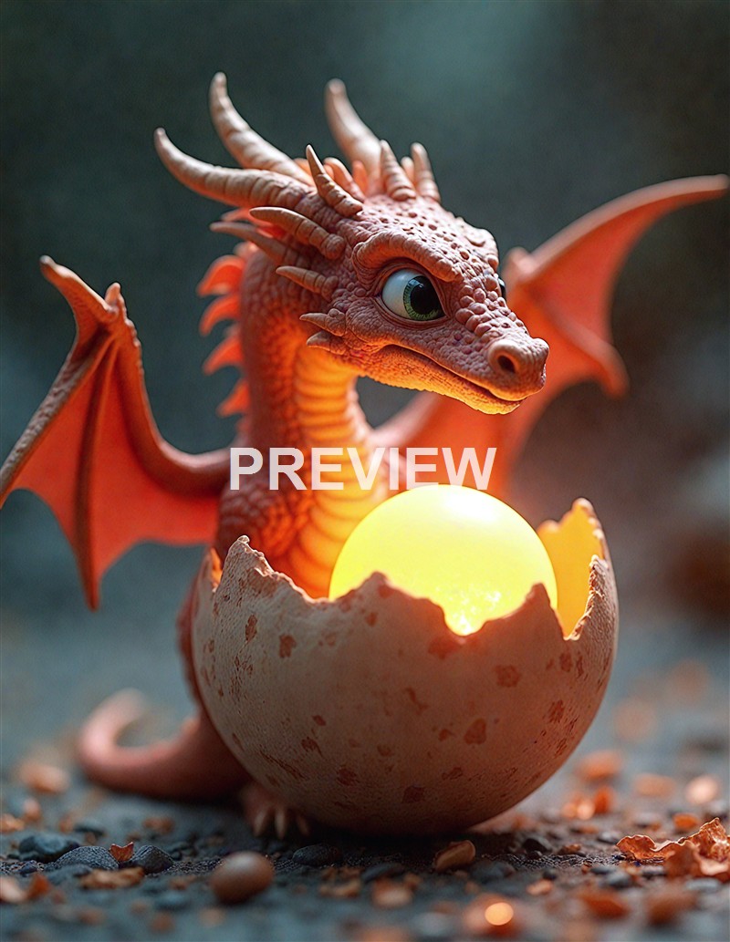 A small, orange, dragon-like creature with large eyes and multiple horns is emerging from a cracked eggshell, holding a glowing yellow orb.
